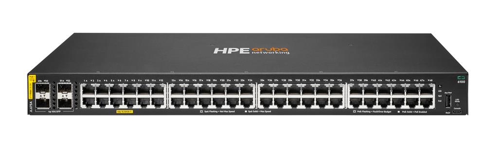 Hewlett Packard Enterprise Aruba 6100 48G Class4 PoE 4SFP+ 370W Managed L3 Gigabit Ethernet (10/100/1000) Power over Ethernet (PoE) 1U Black