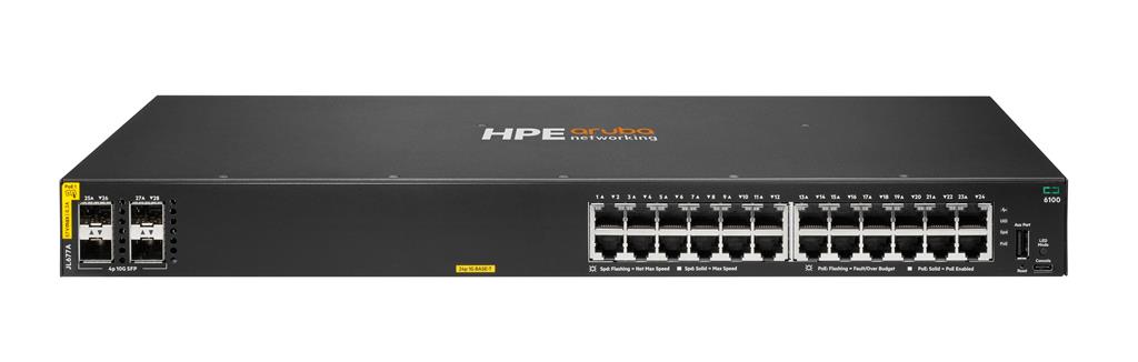 Hewlett Packard Enterprise Aruba 6100 24G Class4 PoE 4SFP+ 370W Managed L3 Gigabit Ethernet (10/100/1000) Power over Ethernet (PoE) 1U Black