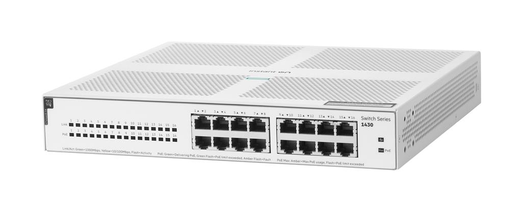 Hewlett Packard Enterprise Aruba Instant On 1430 16G Class4 PoE 124W Unmanaged L2 Gigabit Ethernet (10/100/1000) Power over Ethernet (PoE) 1U White
